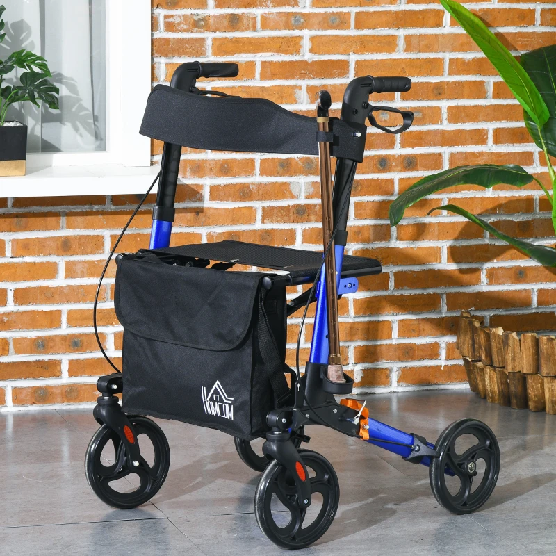 HOMCOM Rollator for Seniors with Seat, Back, Cane Holder, Aluminium Folding Rolling Walker with Adjustable Handle, Bag, Blue