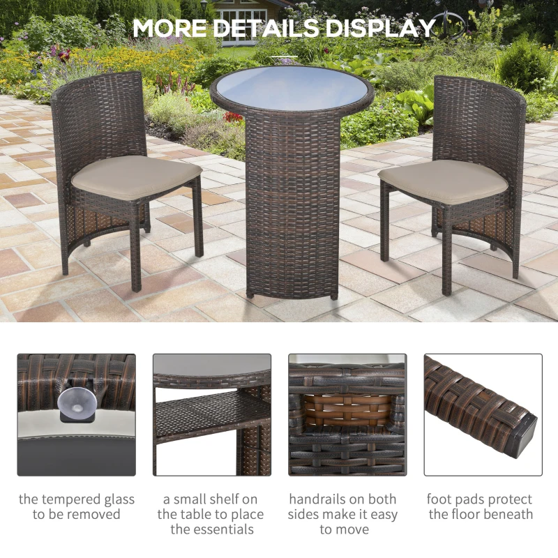 Outsunny 3 PCS Outdoor Rattan Wicker Bistro Set with Storage Shelf, Glass Top Table, Soft Cushioned Chairs and Space Saving Design, Patio Conversation Set for Garden Backyard Porch, Brown