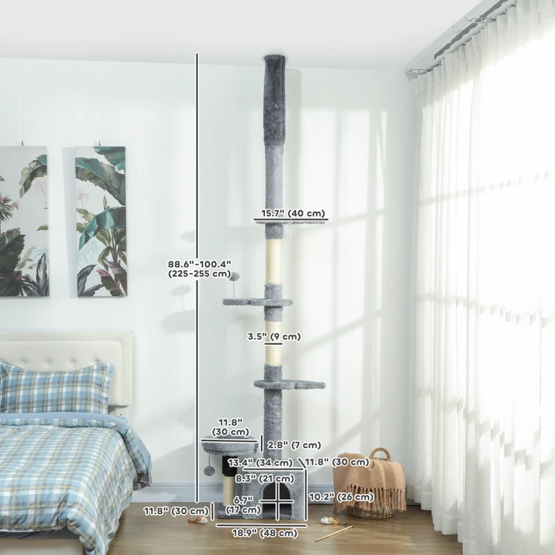 PawHut Floor to Ceiling Cat Tree, 4 Tiers Tall Kitty Climbing Tower with Scratching Post, Adjustable Height 87-100"