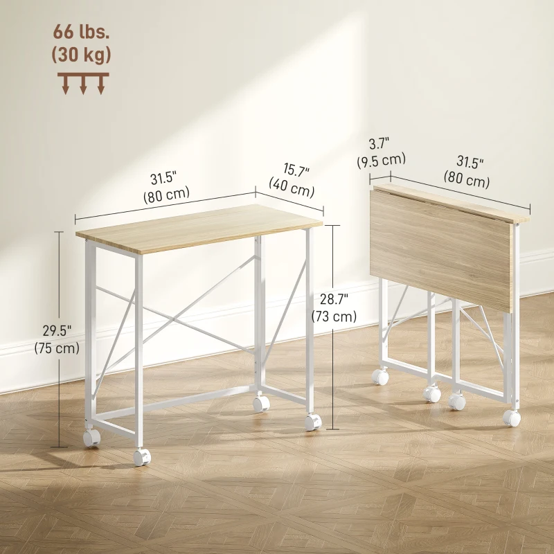 HOMCOM 31.5" Home Office Desk, Folding Desk with Wheels for Small Space, Easy Assemblyfor Home Office, Natural Wood Finish