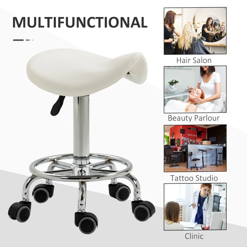 HOMCOM PU Leather Adjustable Stool, Rolling Saddle Stool with Wheels for Massage, Spa, Clinic, Beauty and Tattoo, White