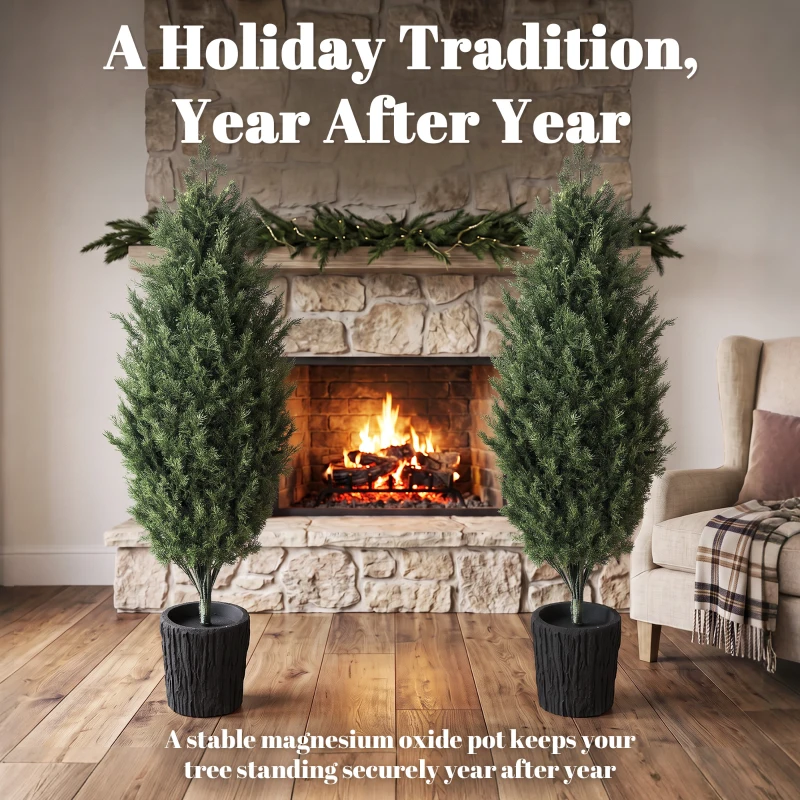 HOMCOM 4ft Artificial Christmas Tree Set of 2, UV Resistant Faux Cedar Tree with 291 PE Branch Tips and Pot, Green