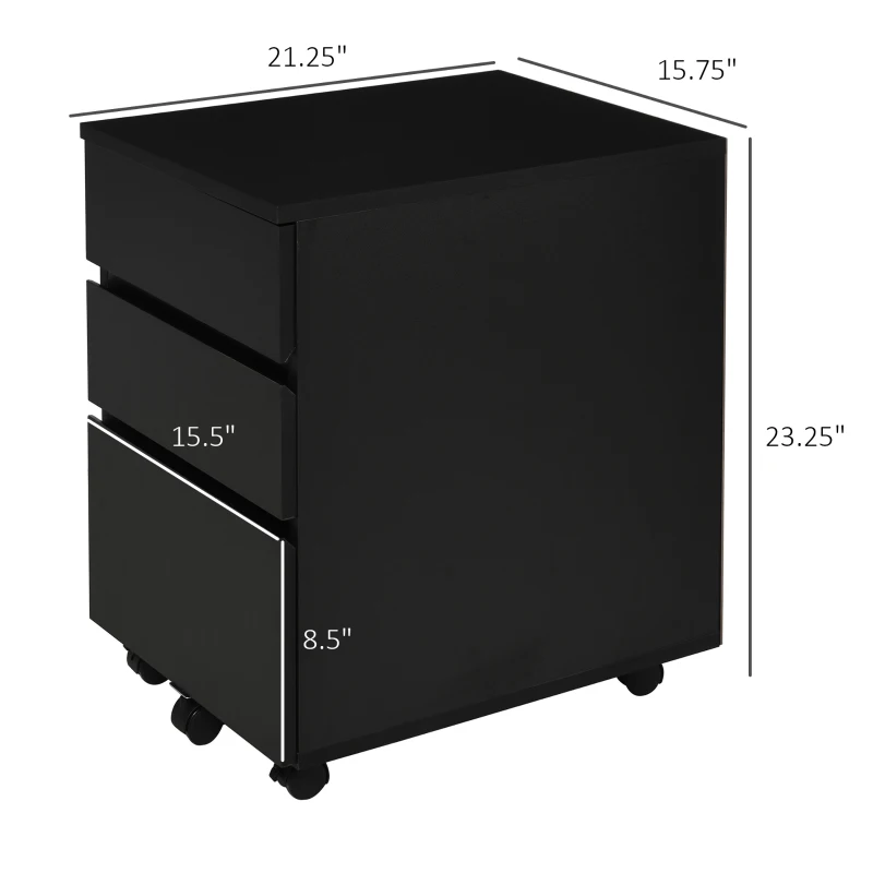 HOMCOM 3 Drawer Storage Cabinet, Mobile Desk Cabinet Under Desk with Wheels, Printer Stand for Home Office, Black