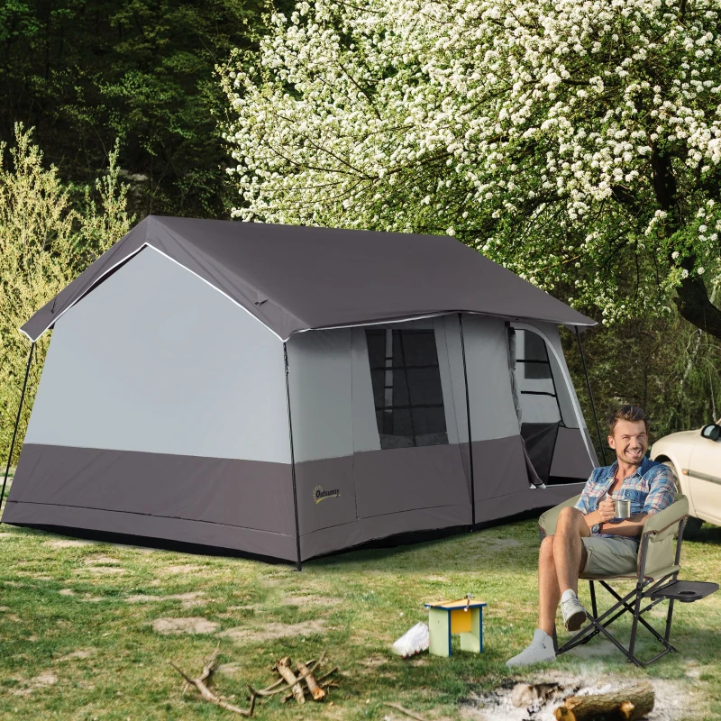 Outsunny Large Camping Tent with 10 Person Floorspace, Rain Cover & Breathable Mesh Roof, Cabin Tent 8 Person Size, Big Family Tent Camping Accessory, Gray