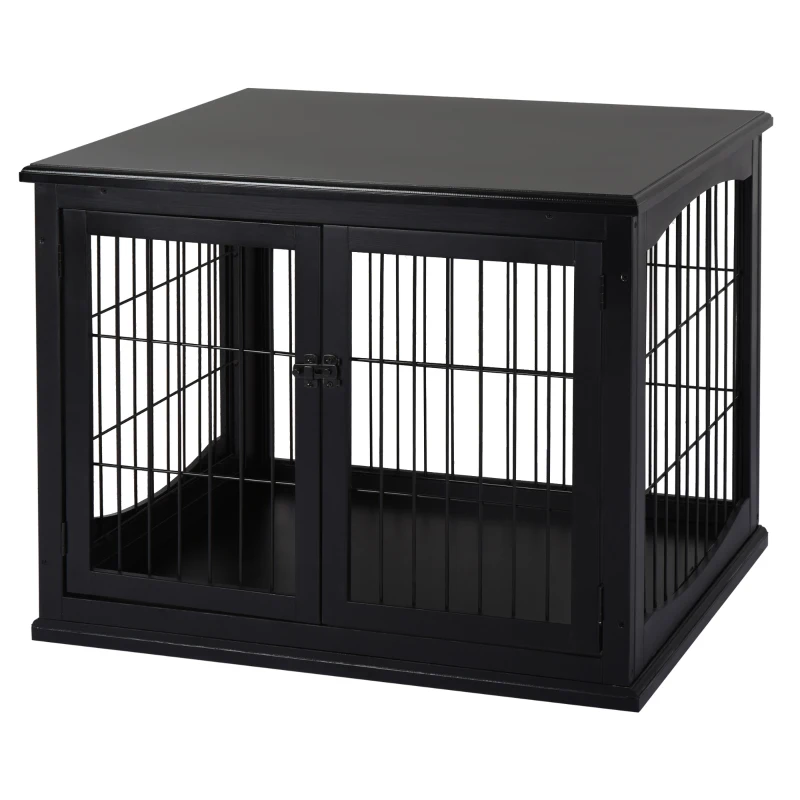 PawHut 26" Wooden Dog Cage with Double Door Entrance & Simple Modern Design, Black
