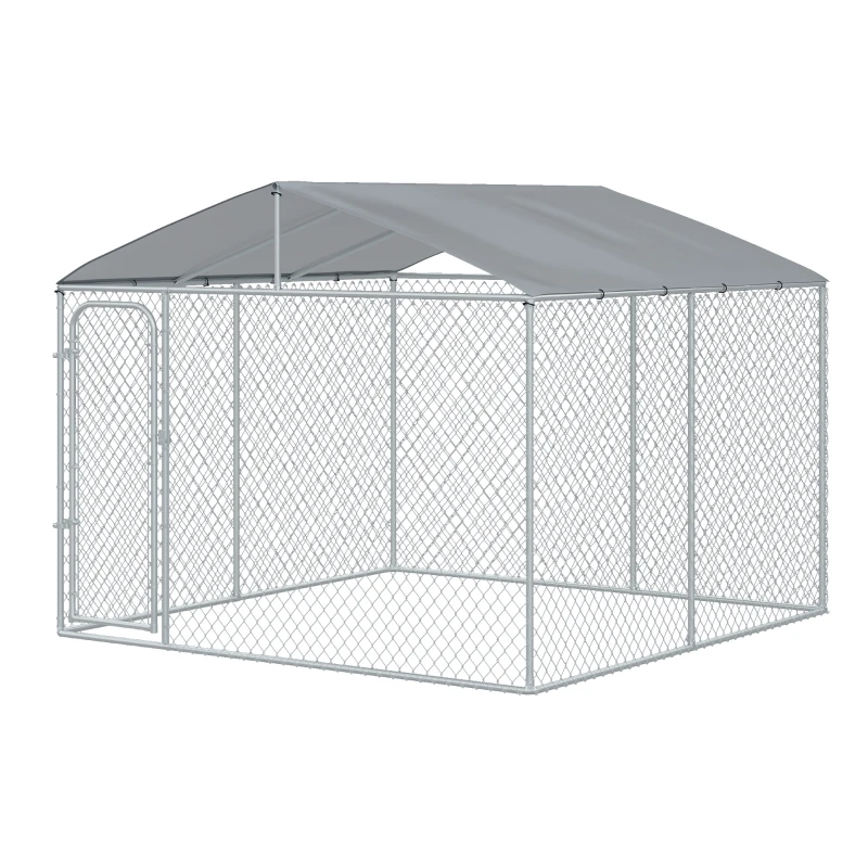 PawHut Dog Kennel Outdoor Run Fence with Roof, Steel Lock, Mesh Sidewalls for Backyard & Patio, 9.8' x 9.8' x 7.7'