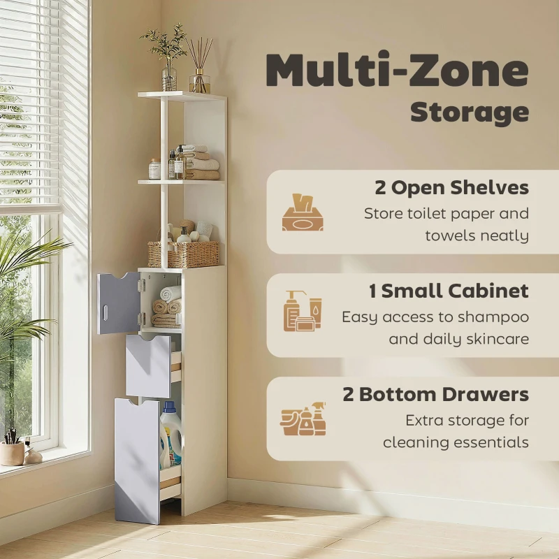 HOMCOM 54" Tall Bathroom Storage Cabinet, Freestanding Linen Tower with 2-Tier Shelf and Drawers, Narrow Side Floor Organizer, White