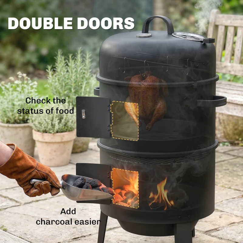 Outsunny 3-in-1 Vertical Charcoal Smoker with 2 Grill Grates, Built-in Thermometer, Adjustable Vent, 2 Doors