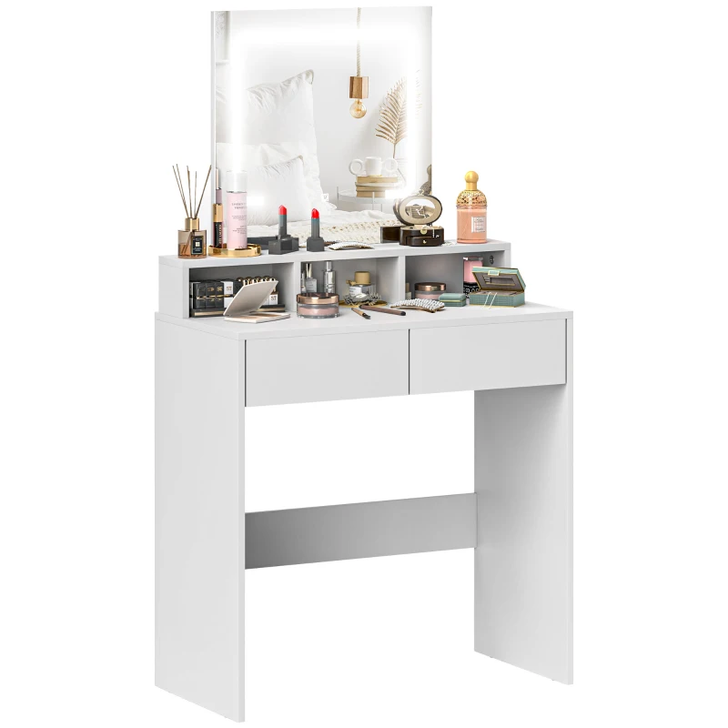 HOMCOM Makeup Vanity Desk with Mirror and LED Lights, for Bedroom, Modern Dressing Table with Drawers, Compartments, White