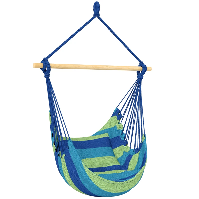 Outsunny Hammock Chair Swing Hanging Macrame Chair w/ Two Soft Seat Cushions, Blue and Green