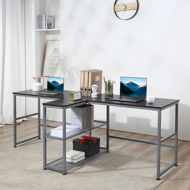 HOMCOM 83" Two Person Computer Desk with 2 Storage Shelves, Double Desk Workstation with Book Shelf, Long Desk Table, Black