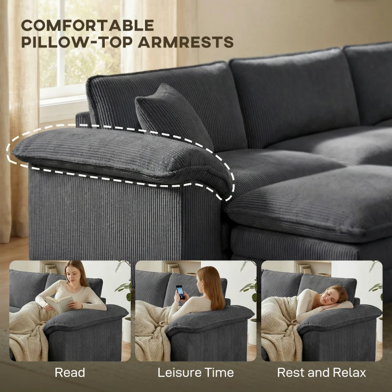 HOMCOM Sectional Sofa, L Shaped Couch with Deep Seat, Movable Ottoman and Pillow-top Armrests, Dark Gray