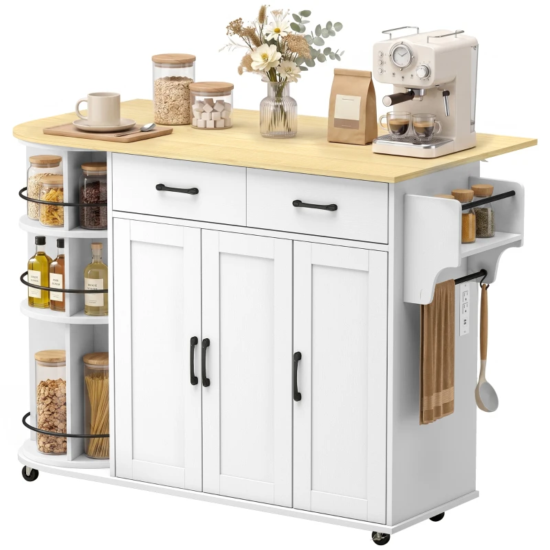 HOMCOM 53" Kitchen Island with Power Outlet and Drop Leaf, Kitchen Cart on Wheels with 360° Rotating Rack, White