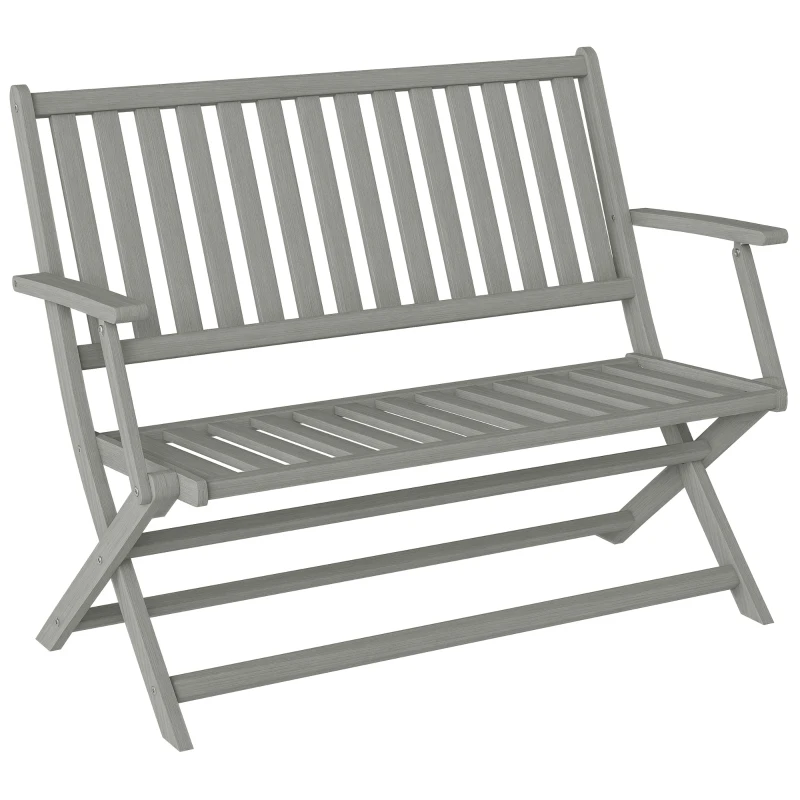 Outsunny 2-Person Foldable Wood Outdoor Bench with Backrest and Armrests for Garden, Porch, Park, Balcony, Gray