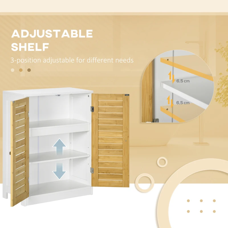 kleankin Bathroom Floor Cabinet, Side Storage Organizer Cabinet with Bamboo Doors, Adjustable Shelves for Bathroom, White and Natural