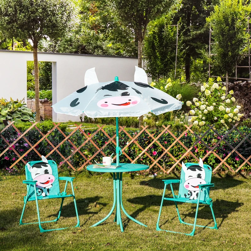 Outsunny Kids Table and Chair Set, Outdoor Folding Garden Furniture, Picnic Table for Patio Backyard, with Removable & Height Adjustable Sun Umbrella, White
