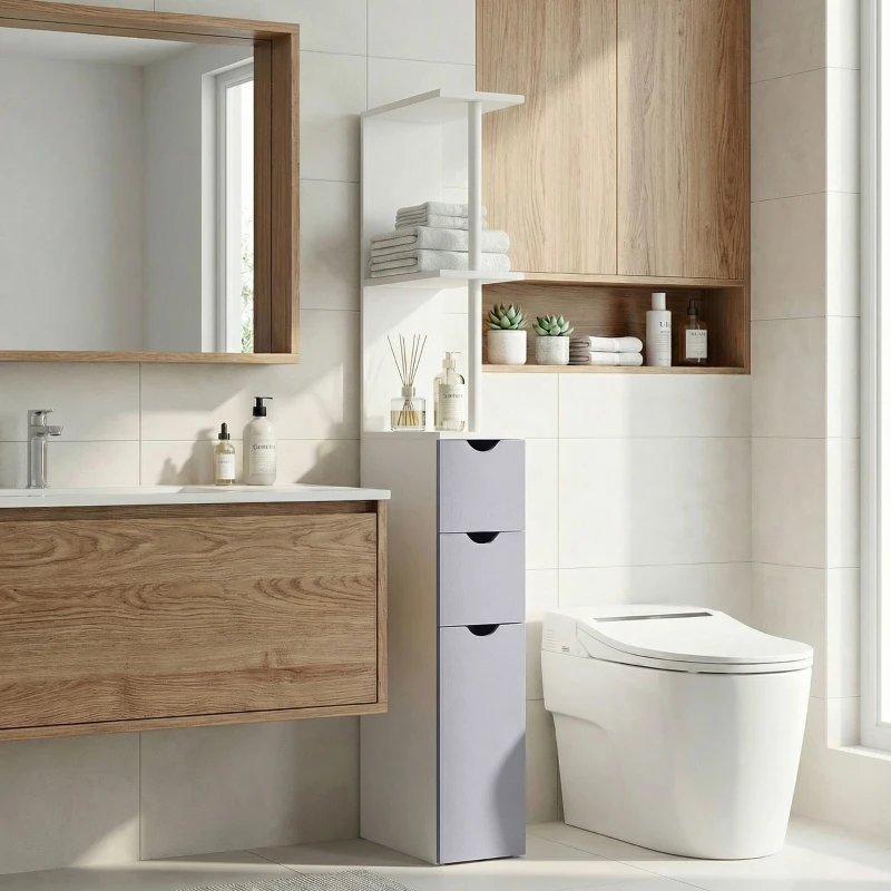 HOMCOM 54" Tall Bathroom Storage Cabinet, Freestanding Linen Tower with 2-Tier Shelf and Drawers, Narrow Side Floor Organizer, White