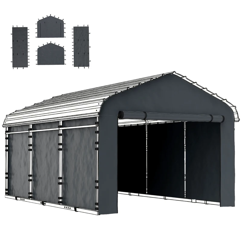 Outsunny Carport Replacement Canopy Cover Sidewalls for 12' x 20' Carport, UPF50+ Waterproof Garage Car Shelter Tarp, Dark Grey