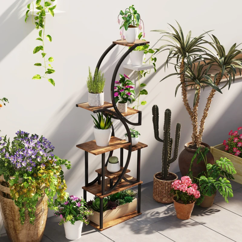 Outsunny Plant Stand Indoor, 8 Tier 62" S-Shaped Plant Shelf, Corner Plant Rack for Multiple Plants, Carbonised Finish