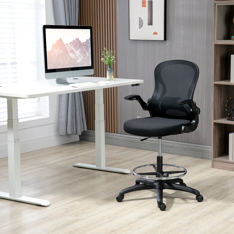 Vinsetto Ergonomic Mesh Standing Desk Chair with Flip-up Armrests, Lumbar Support, Armrests & Adjustable Footrest Ring, Black