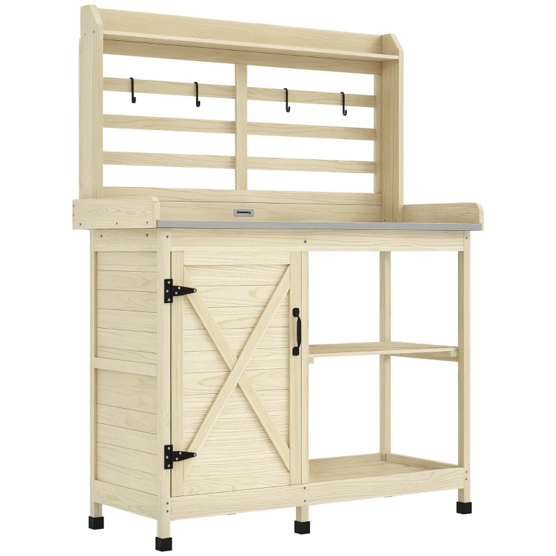 Outsunny Wooden Potting Bench with Storage, Aluminum Tabletop for Backyard, Patio, Balcony, Natural