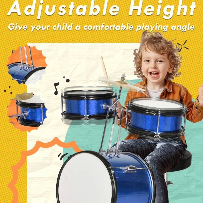 Qaba 7 Piece Kids Drum Set with Throne, Cymbal, Pedal, Drumsticks, Blue