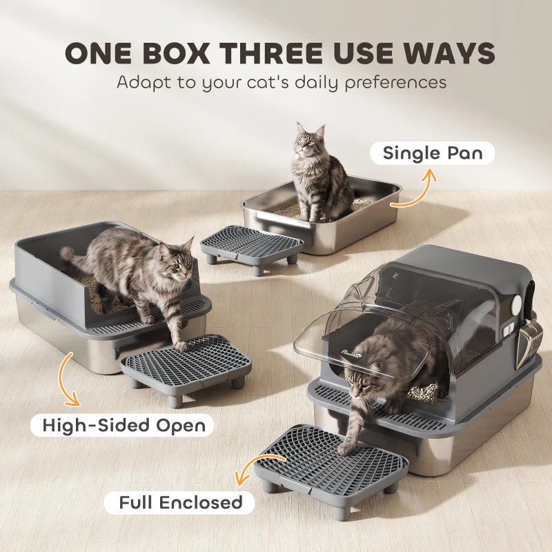 PawHut Stainless Steel Cat Litter Box with Flip Lid, XXL Enclosed Litter Box, High Sided, Step, Metal Scoop, 2 Deodorizing Bags