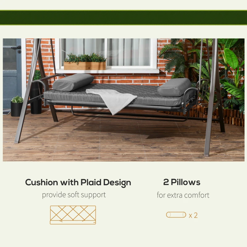 Outsunny 3 Person Patio Swing Chair Bed, Converting Flatbed, Outdoor Porch Swing Bed Glider with Adjustable Canopy, Removable Cushions, Pillows, for Garden, Poolside, Backyard, Dark Gray