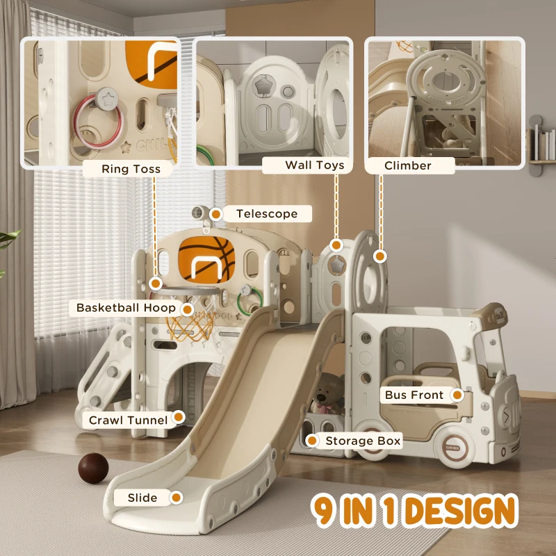 Qaba 9 in 1 Toddler Slide for Kids Ages 1-6 with Bus Front, Basketball Hoop, Climber, Storage Space, Ring Toss, Cream White