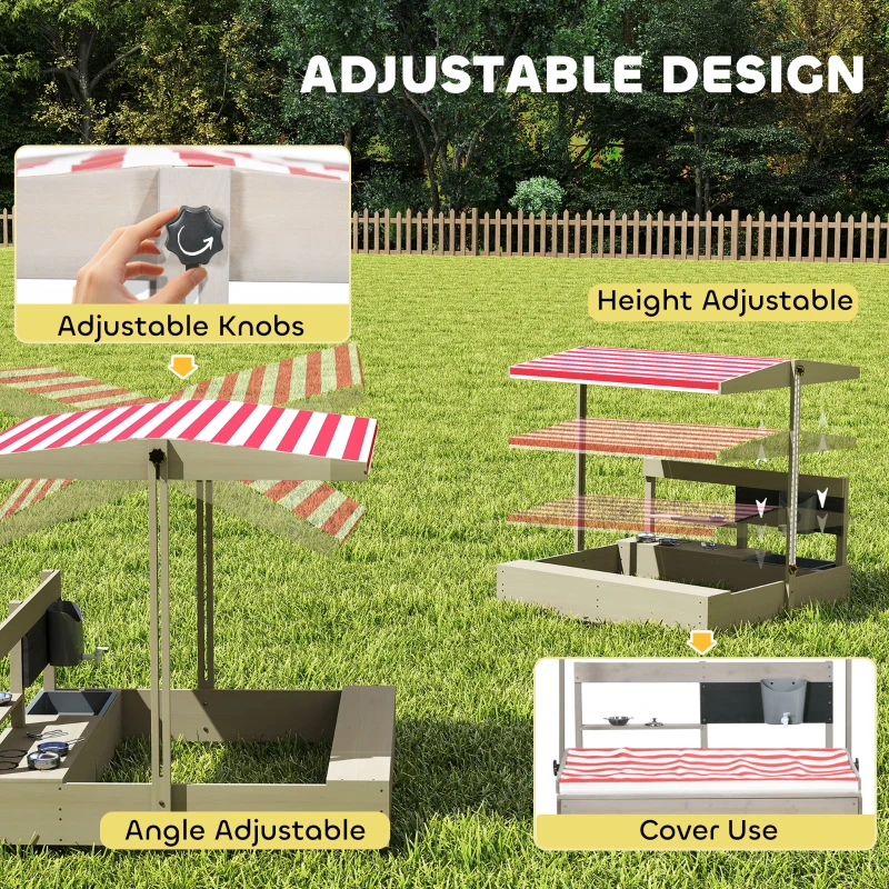Outsunny Kids Sandbox with Height Adjustable Canopy, Wooden Sandbox Backyard Toy with Kitchen Playset Accessories