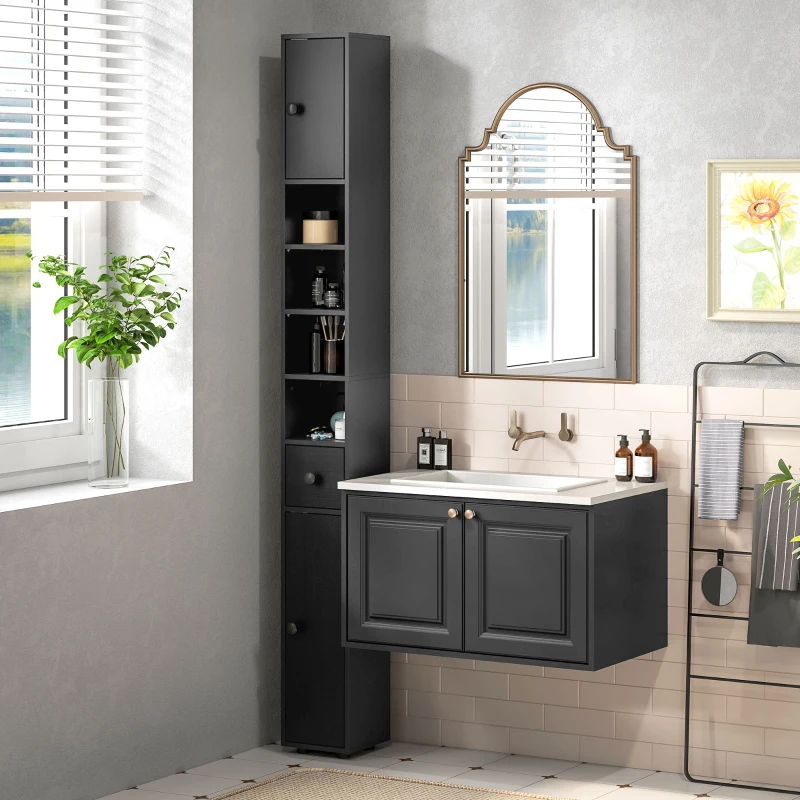 kleankin 71" Tall Bathroom Cabinet, Narrow Toilet Paper Cabinet with Open Shelves, 2 Door Cabinets, Adjustable Shelves, Black