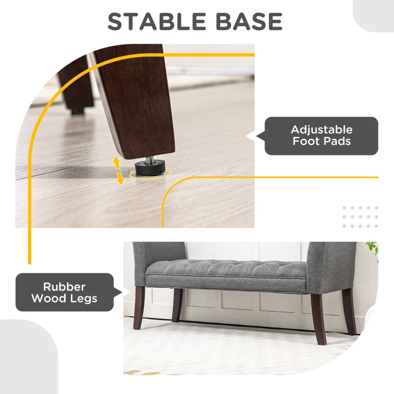 HOMCOM Upholstered Bedroom Entryway Bench with Button Tufted Design, End of Bed Bench with Arms and Solid Wood Legs, Dark Gray