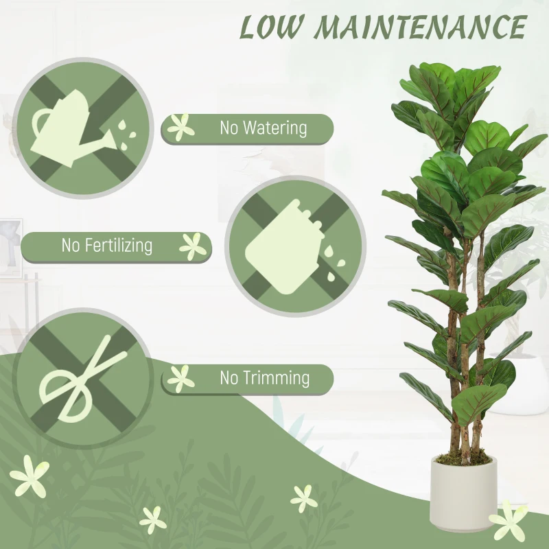 HOMCOM 4FT Artificial Fiddle Leaf Fig Tree Set of 2, Fake Potted Tree with Solid Wood Trunks for Indoor Decor, Green