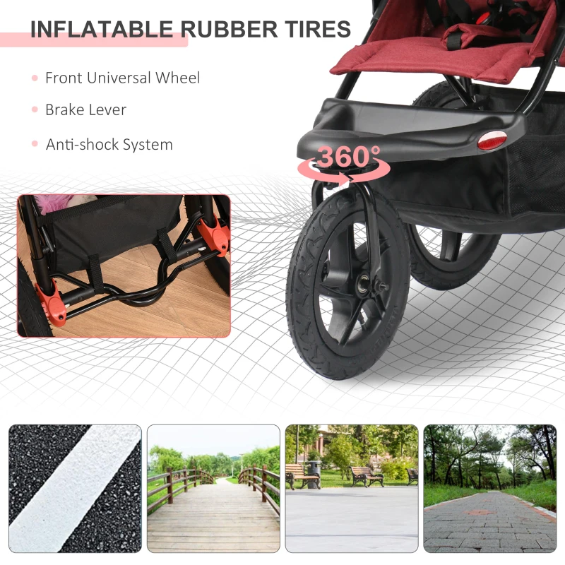 Qaba Baby Stroller Foldable Carriage for Toddler with Adjustable Backrest and Canopy Suspension System Rubber Tire 5-Point Harness Cup Holder Storage Basket Red