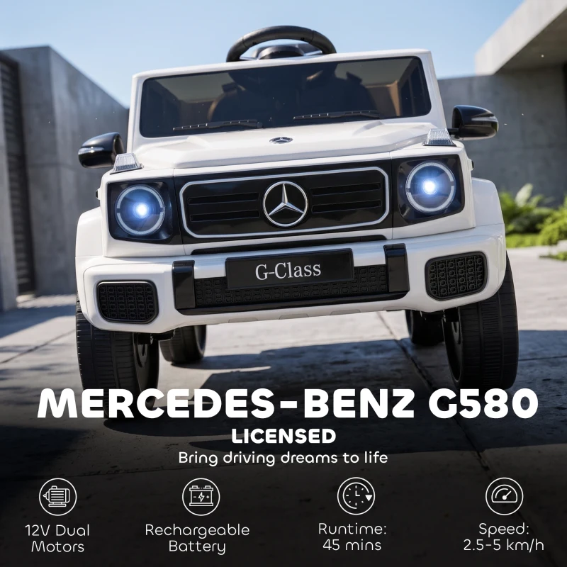 Qaba Licensed Mercedes-Benz G580 12V Kids Ride On Car with Remote, Soft Start, Headlights, Seat Belt, Music, USB, Horn, White