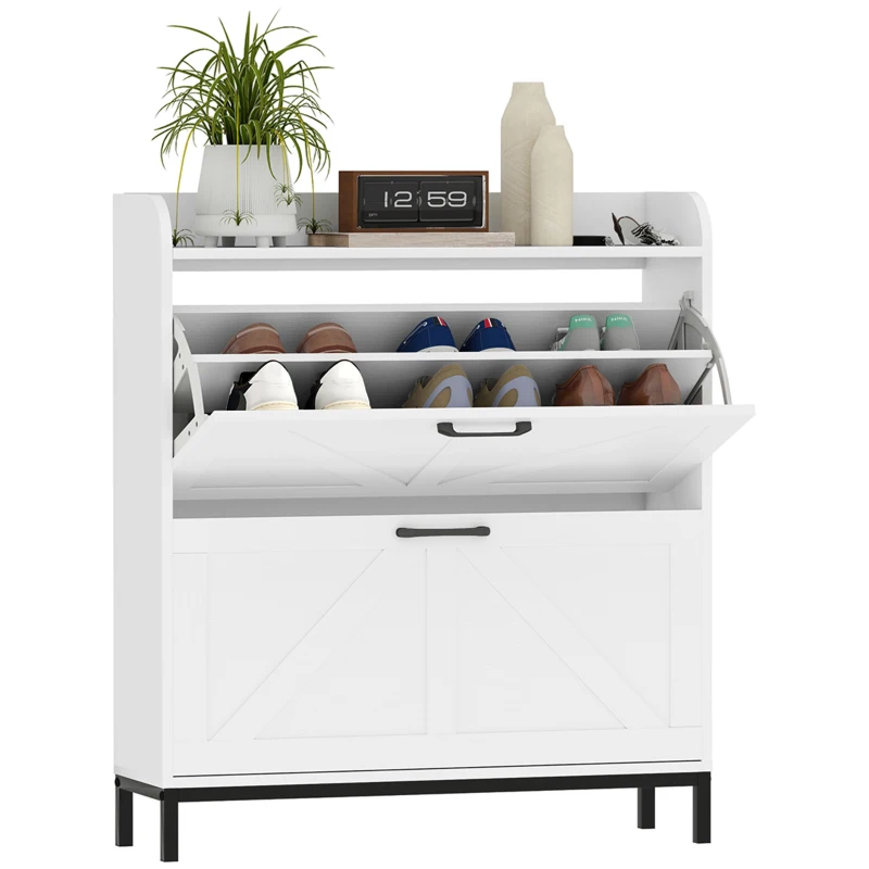 HOMCOM Shoe Cabinet Organizer with 2 Flip Drawers, Legs, Narrow Shoe Storage Cabinet for Entryway, Hallway, White