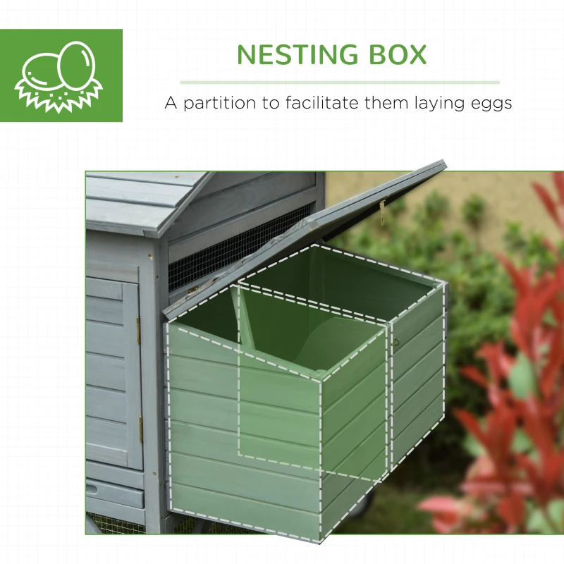 PawHut 96.5" Chicken Coop Wooden Hen House Poultry Cage Pen Portable with Wheels and Nesting Box, Chicken Cage for Backyard Outdoor, Gray