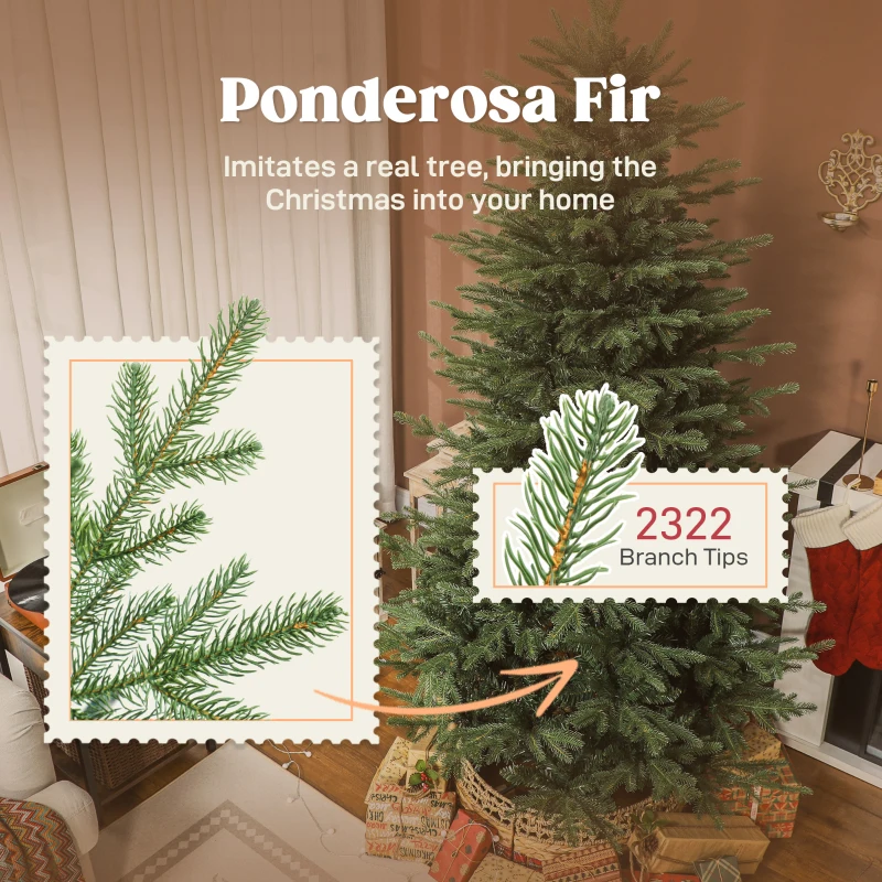 HOMCOM 7 ft Artificial Christmas Tree with Dense Realistic Branches, Full Ponderosa Fir, Hinged Xmas Tree, Easy Assembly