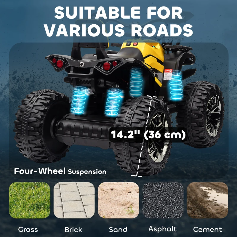 Aosom 12V Kids Recharging Ride-on Electric ATV Quad w/ Realistic Headlights Wide Wheel, Yellow