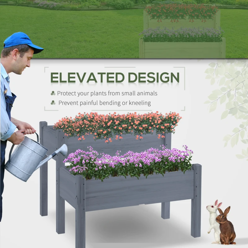 Outsunny 34"x34"x28" Raised Garden Bed 2-Tier Wooden Planter Box for Backyard, Patio to Grow Vegetables, Herbs and Flowers, Gray