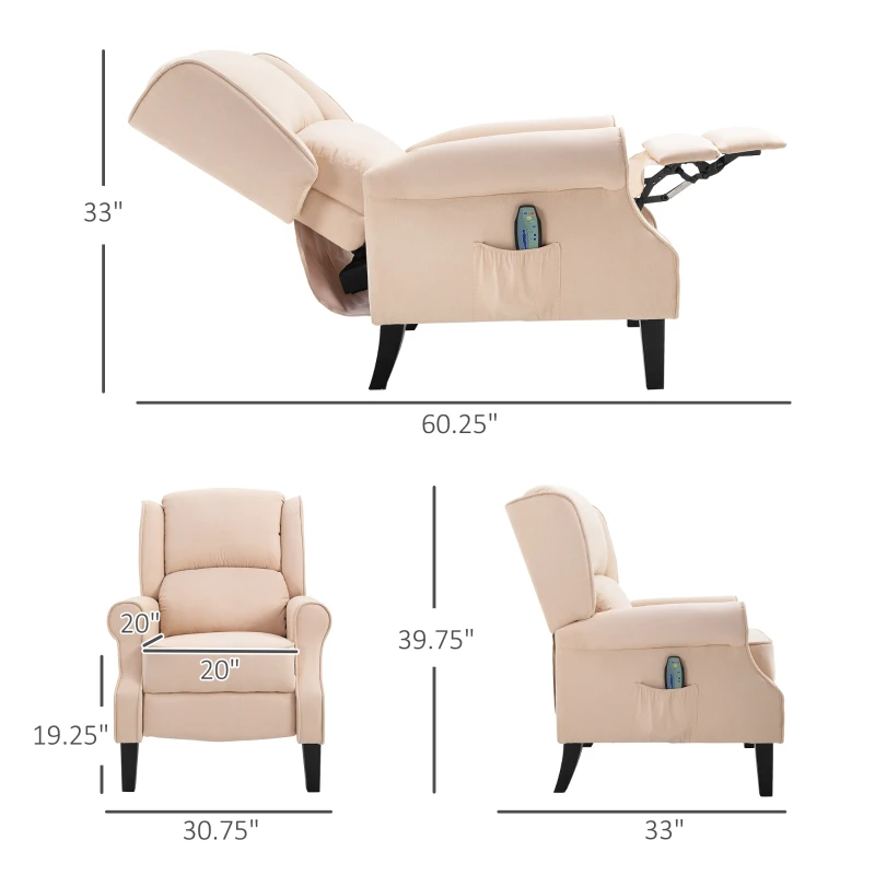 HOMCOM Vibration Massage Recliner Chair for Living Room with Heat,  Wingback Single Sofa, Modern Suede Fabric Push Back Reclining Chair with Footrest, Side Pocket, Beige