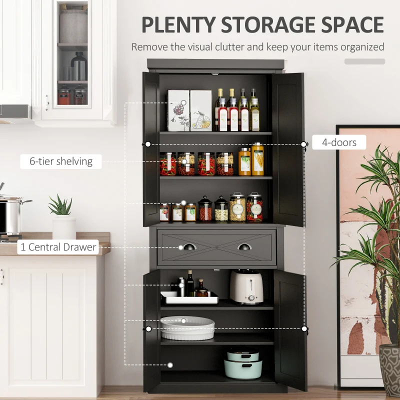 HOMCOM 6ft Wood Farmhouse Colonial Kitchen Pantry Cabinet, with 4 Adjustable Shelves, 2 Wood Pantries, & 1 Drawer, Black