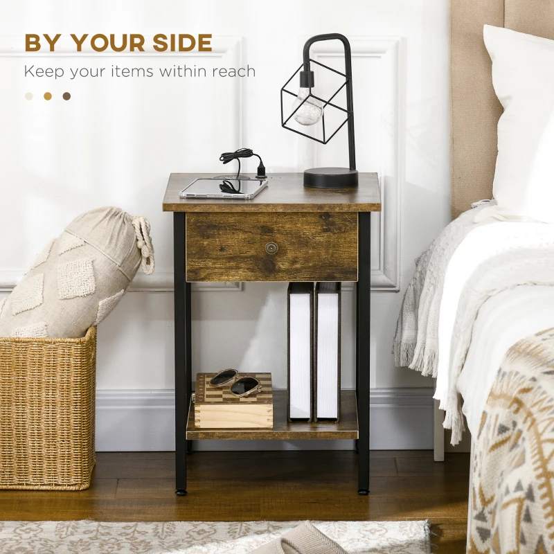 HOMCOM End Table with Wireless Charging Station, 2 USB Ports, Rustic Brown