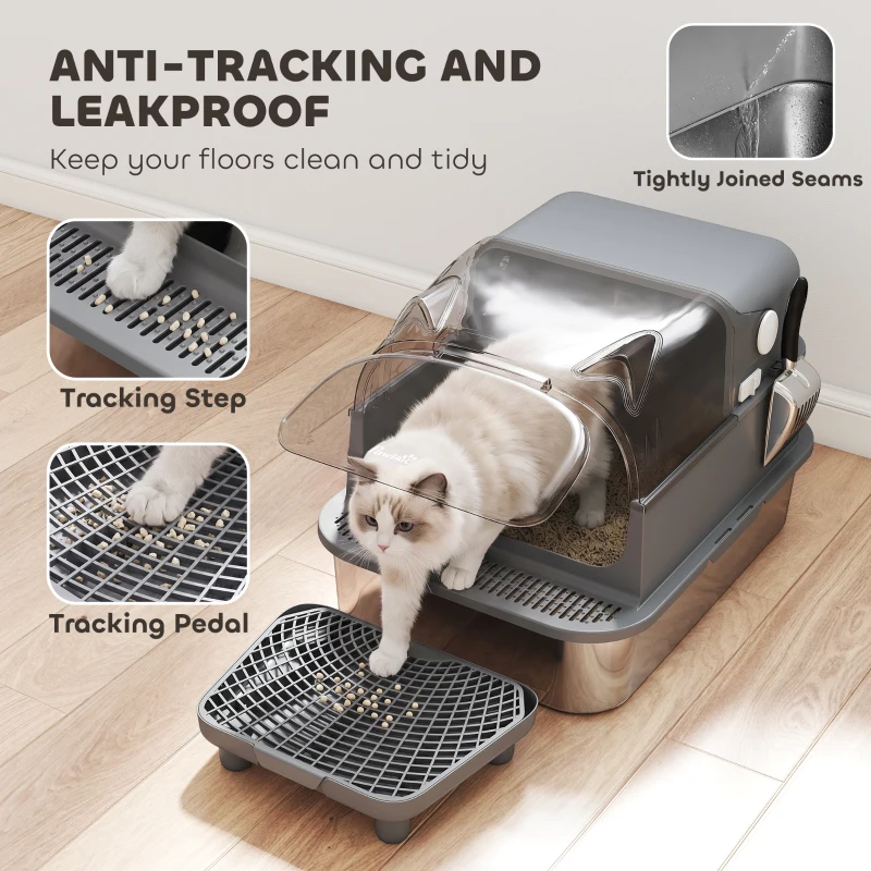 PawHut Stainless Steel Cat Litter Box with Flip Lid, XXL Enclosed Litter Box, High Sided, Step, Metal Scoop, 2 Deodorizing Bags
