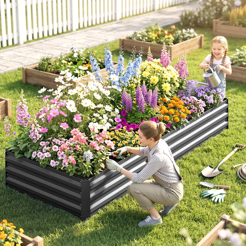 Outsunny 95" x 36" x 12" Galvanized Raised Garden Bed, Easy DIY and Cleaning for Growing Flowers, Herbs, Succulents, Gray