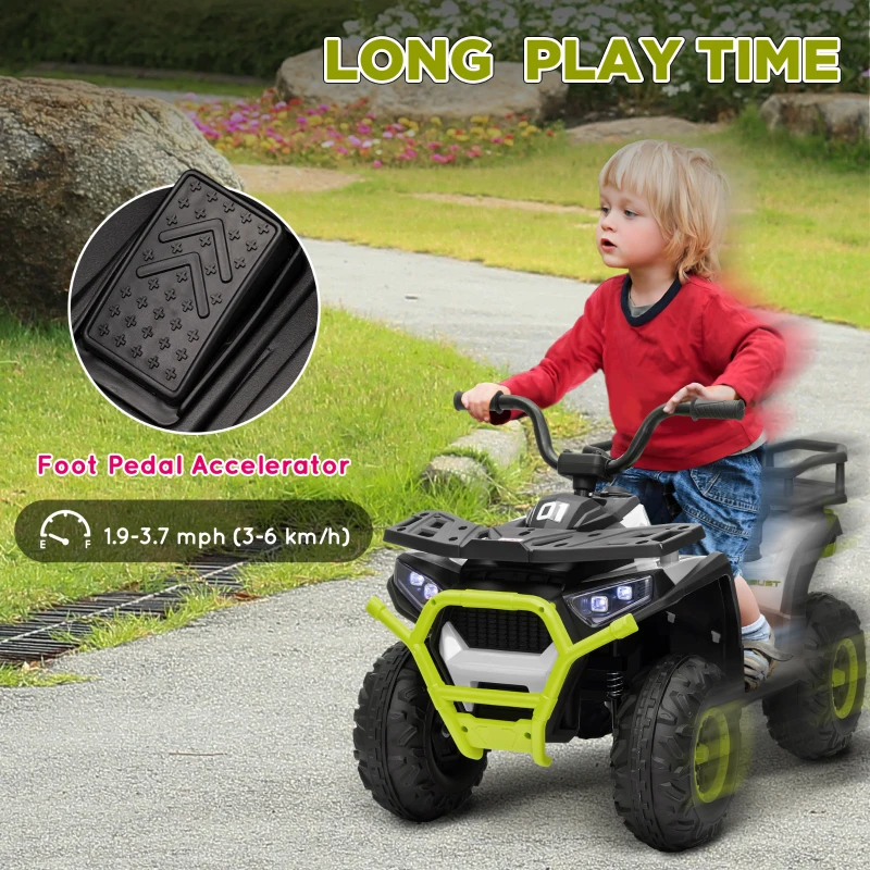 Qaba 12V Kids ATV, 4 Wheeler Quad with 4 Spring Suspension Wheels, LED Lights, Music USB, Green