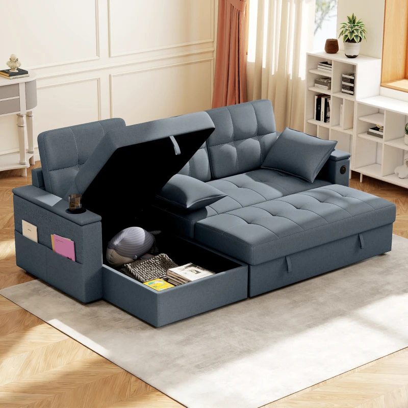 HOMCOM Convertible Sectional Sofa Bed, Pull Out Sleeper Sofa Couch with USB‑A+C, Chaise Storage, L-Shaped Futon Couch, Dark Grey