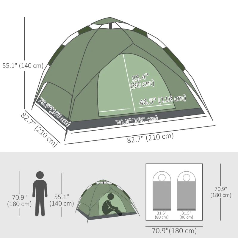 Outsunny Camping Tent, 2-3 Man Family Tent, 1000mm Waterproof, with Sewn-in Groundsheet and Carry Bag,  for Fishing, Dark Green