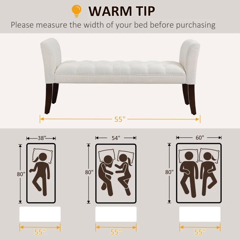 HOMCOM Upholstered Bedroom Bench with Button Tufted Design, End of Bed Bench with Arms and Solid Wood Legs, Cream White