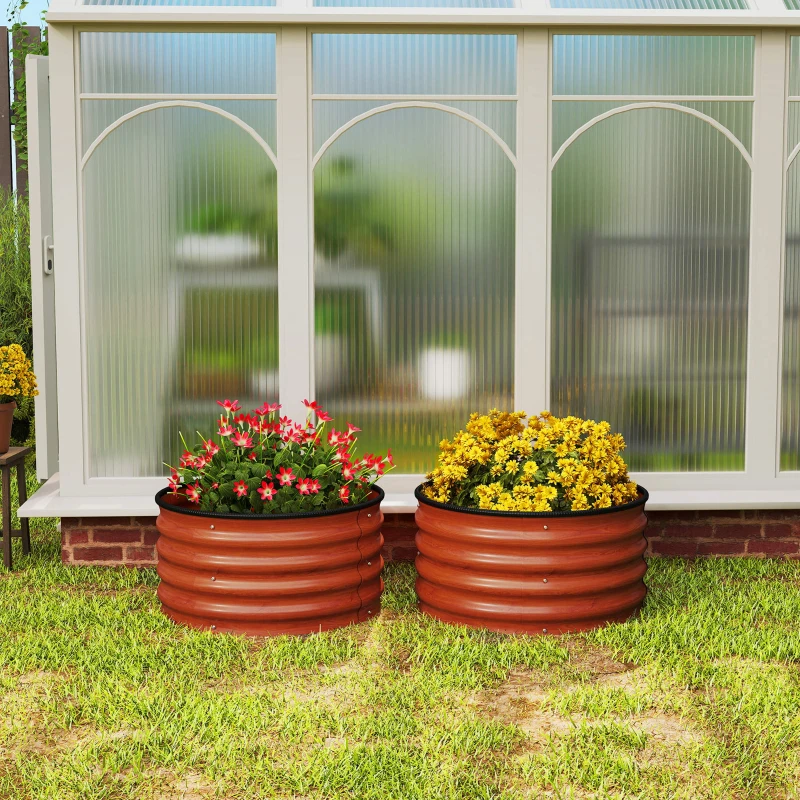 Outsunny Set of 2 Raised Garden Bed, Metal Planter Box with Safety Edging, Easy-to-assemble Stock Tank, Dark Brown